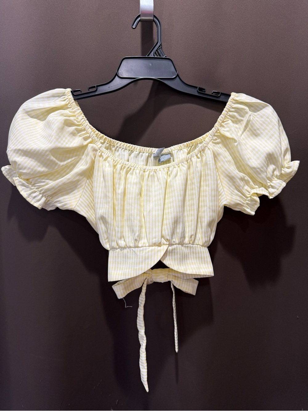 Sky & Sparrow Pale Yellow White Checkered Puff-Sleeve Tie-Back Crop Top Medium